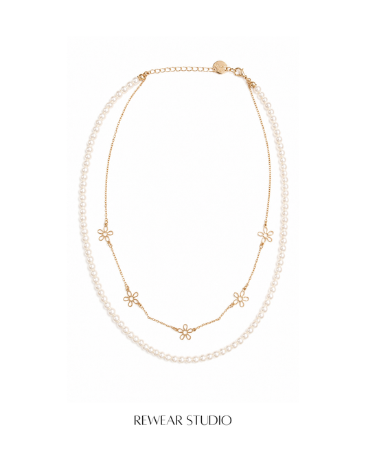 Double-Layer Daisy Chain & Pearl Necklace