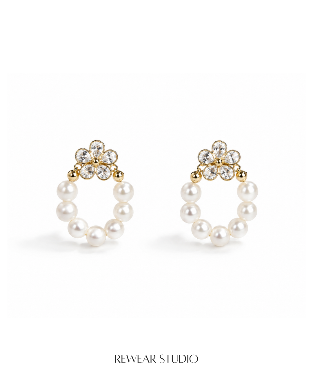 Pearl Wreath & Crystal Flower Stud Earrings