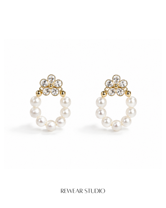 Pearl Wreath & Crystal Flower Stud Earrings