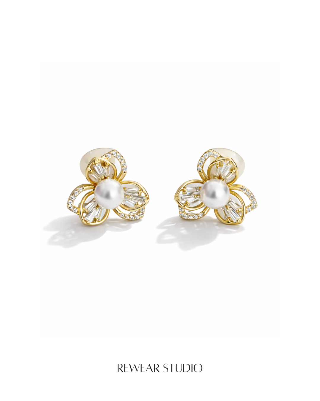 Pearl & Crystal Flower Clip-On Earrings