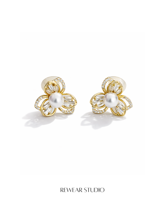 Pearl & Crystal Flower Clip-On Earrings