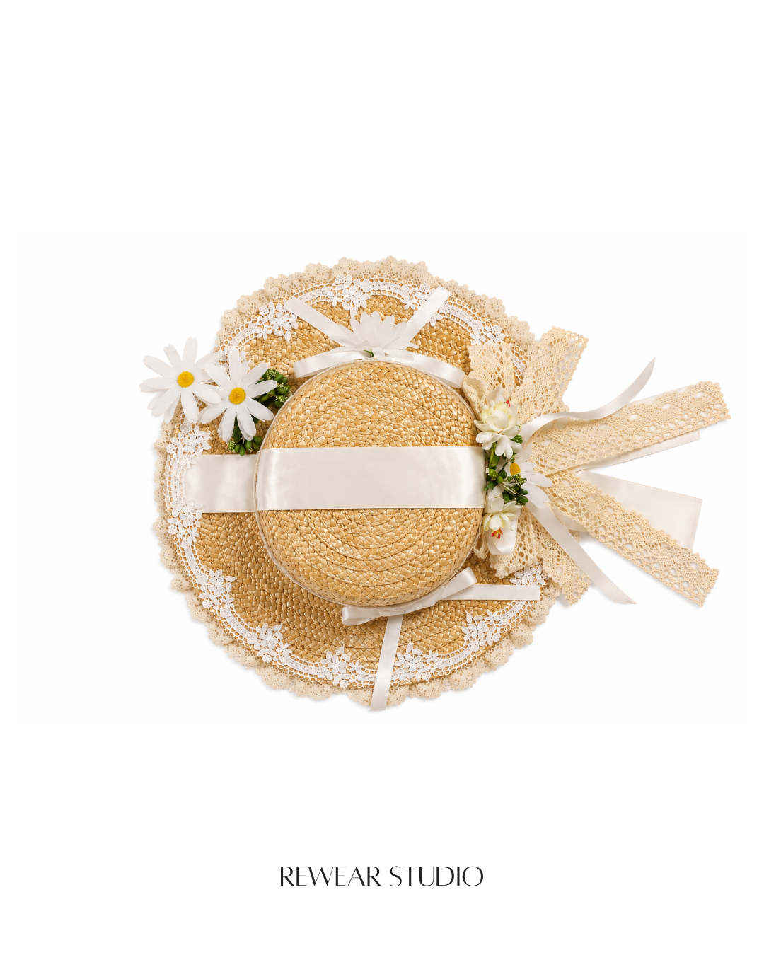 Woven Straw Sun Hat with Lace & Daisy Trim
