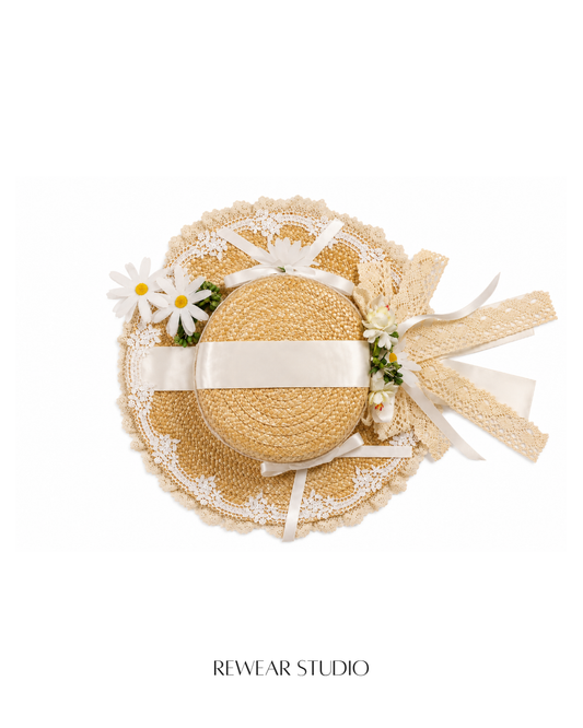 Woven Straw Sun Hat with Lace & Daisy Trim