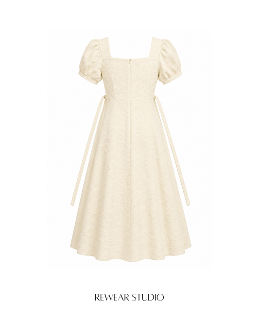 Puff-Sleeve Jacquard Midi Dress