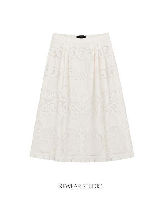 Embroidered Eyelet A-Line Midi Skirt