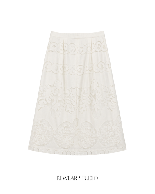 Embroidered Eyelet A-Line Midi Skirt