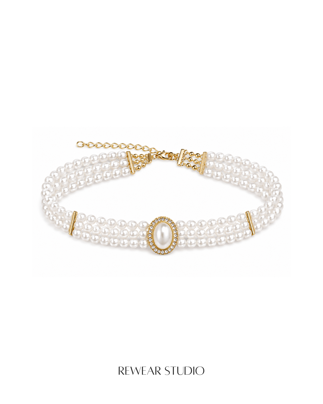 Triple-Strand Pearl Choker with Crystal Pavé Centerpiece