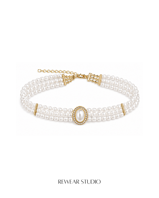 Triple-Strand Pearl Choker with Crystal Pavé Centerpiece